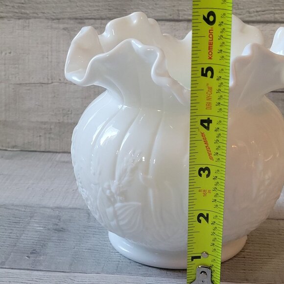 Vintage Fenton Ruffled White Milk Glass Vase With Floral Embossed Design - Picture 5 of 7